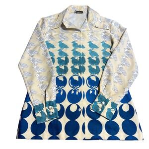 Lanvin Paris New York Vintage Pigeon Bird Print Button Down Blouse Blue Cream